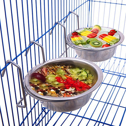 QBLEEV Stainless Steel Birdcage Feeder Bowls for Hamster Cage, 150ml, 5 oz | Stainless steel birdcage bowls feeding perches play stand with clamp, parrot pet animal hamster cage, easy to install - color: 2 Pack