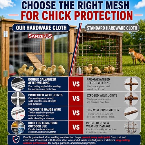 SANZEUS Hardware Cloth, 48in x 100ft 1/2in Mesh, 19GA Chicken Wire Fencing | Hot-dip galvanized after welding, heavy-duty wire mesh, rust resistant, chicken coops, garden beds, rabbit cages, tree guards - size: 1/2inch 48inx100ft