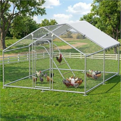 Large Metal Chicken Coop with Waterproof and UV-Resistant Cover,Chicken Run Outdoor Walk-in Cage Rabbit Duck Hen House for Yard Farm Use Spire Roof(10’ W x 9.9’ L x 6.4’ H) - size: 119.0"L x 119.0"W x 78.0"H