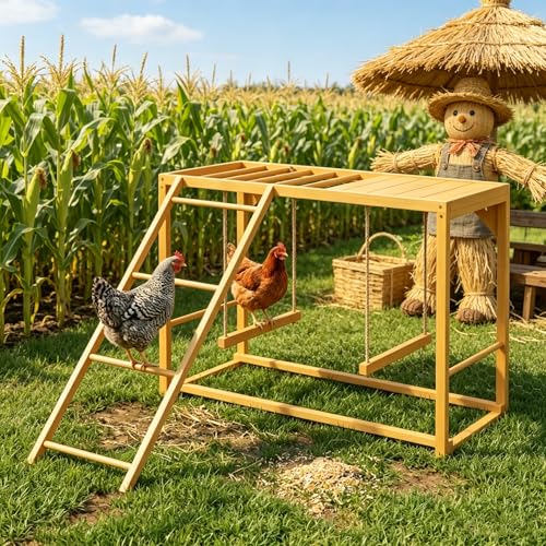 Wooden Chicken Activity Center with Ladder, Swings, and Perches, Fir Wood, 39.25" x 43.25" x 27.5", Yellow