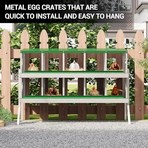 IDEALHOUSE Chicken Nesting Box, Galvanized Steel Laying Box with Rustproof & Roll-Away Egg Design, for Hens, Green 10 Compartment with Bracket - color: Green, size: 10 compartments (with bracket)