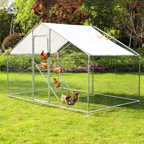 Metal Chicken Coop, 9.8 x 6.6 x6.6 Walk-in Chicken Run for 10 Chicken with Upgrade Roosting Perch, Water-Resident and Anti-UV Cover, Sturdy Spire Roof Chicken House for Outdoor Farm Use - color: Spire Roof