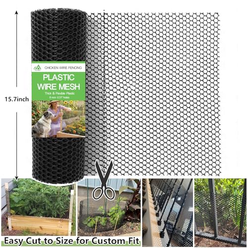 15.7" x 50' Plastic Mesh Fence Roll - Heavy Duty Chicken Wire Mesh Fence - Upgraded Thick Animal Barrier for Garden, Balcony Railing Safety Net, Poultry Netting with 20 Zip Ties, Black - size: 15.7" x 50'