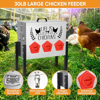 ‎Tgeyd 30 lb Large Capacity Automatic Chicken Feed Box with 6 Upgraded House-Shaped Flow Ports, Heavy-Duty Outdoor Metal Feeder with Adjustable Height & Locking Lid - color: Cockscomb Red