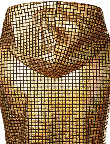 ZEROYAA Mens Shiny Metallic Zip Up Sleeveless Hooded Vest T Shirt with Kangaroo Pocket - color: Gold Sequin, size: Small