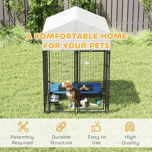 PawHut Outdoor Dog Kennel with Roof, 4' x 4' x 6' Heavy Duty Welded Wire Dog Playpen Enclosure with Escape-Proof Lock, UV-Resistant & Waterproof Cover, for Medium Dogs, Chickens, Ducks, Silver - size: 48" L x 48" W x 72" H, style: Single Room