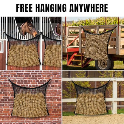 4 PCS Slow Feed Hay Net for Horses, Large Capacity Hay Bags for Horses Goats Sheep Donkey Trailer Full Day Feeding, Easy to Fill and Hang, Black, 35 x 31 Inch - size: 4PCS