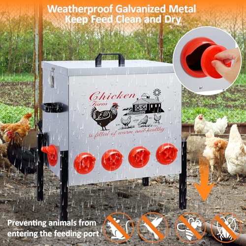 100LB Large Automatic Chicken Feeder–10 Feeding Ports No-Waste Galvanized Metal Chicken Feeder Box with Adjustable Legs & Locking Lid Poultry Feeder for Chickens,Ducks,Geese,Rust-Resistant - size: 100LB