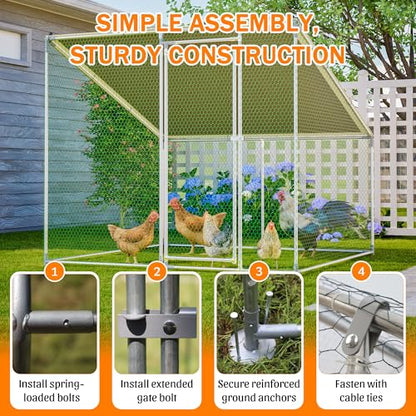 Walk in Chicken Coop, Chicken Runs for Yard with Cover, 84 x 78.7 x 72.7 in Metal Enclosure, Slanted Roof, Lockable Door for Ducks Rabbits