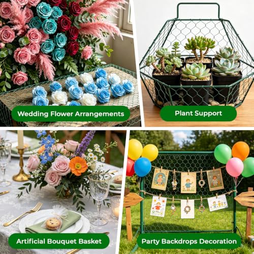 Green Chicken Wire for Floral Arrangements, Garden Fencing Netting | 15.7 x 394 in, PVC Coated, DIY Crafts, Poultry, Garden, Chicken Coop Wire, Rabbit Enclosure, w/Zip Ties Cutting Pliers Gloves - size: 15.7 x 394 inch