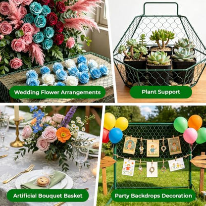 Green Chicken Wire for Floral Arrangements, Garden Fencing Netting | 15.7 x 394 in, PVC Coated, DIY Crafts, Poultry, Garden, Chicken Coop Wire, Rabbit Enclosure, w/Zip Ties Cutting Pliers Gloves - size: 15.7 x 394 inch