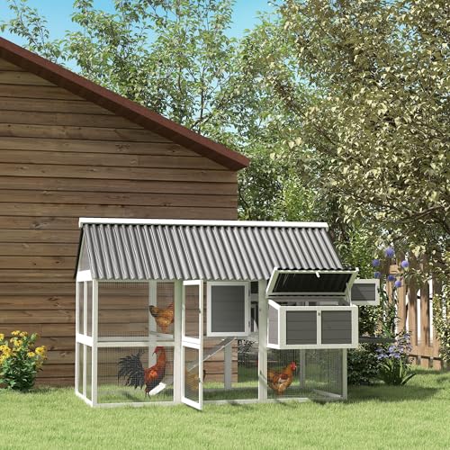 PawHut Chicken Coop with Run, Large Wooden Chicken House with 2 Nesting Boxes, 2 Roosting Bars, Ramp & Tray, Hen House Poultry Cage for 4-6 Chickens, 69" W x 84" x 59"