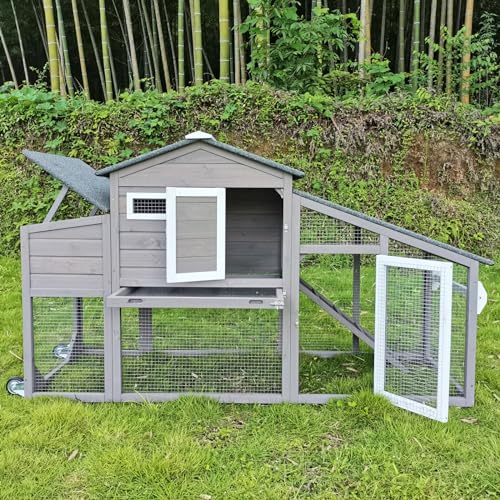 Chicken Coop and Run, Two Story Mobile Rabbit Hutch Indoor Outdoor, Wooden Hen House with Nesting Box Rabbit Cage on Wheels, Ramp, Deep No Leak Pull Out Tray, for Chick, Bunny(Grey) - color: Grey