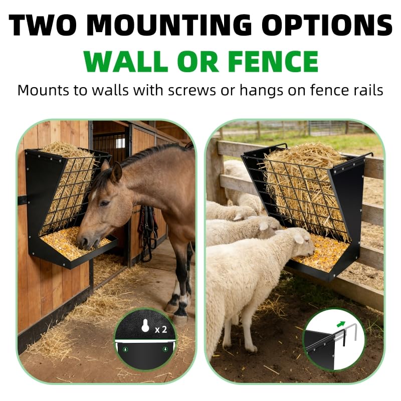 RYFT Wall Mount Hay Feeder, 2 in 1 Heavy-Duty Galvanized Hay & Grain Livestock Feeder, Hay Rack for Goats, Sheep, Horse, Cattle