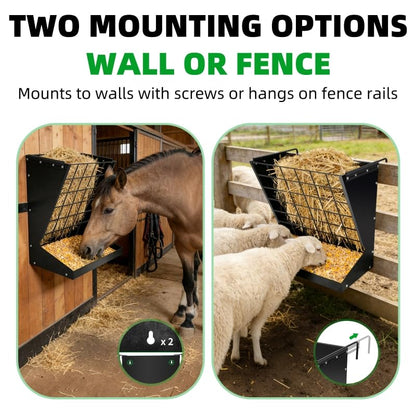 RYFT Wall Mount Hay Feeder, 2 in 1 Heavy-Duty Galvanized Hay & Grain Livestock Feeder, Hay Rack for Goats, Sheep, Horse, Cattle