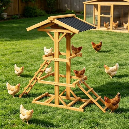 Multi-Level Wooden Chicken Roost Perch with Dual Ladders, Outdoor Activity Stand with Waterproof Sunproof Roof, Backyard Coop Accessory for Chickens