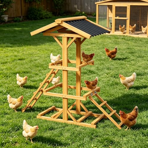 Wooden Chicken Roost Perch with Dual Ladders, Multi-Tier Activity Stand, Waterproof Sun-Resistant Roof Design for Backyard Chicken Coop - color: C02 Brown with Black