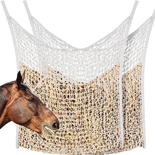 Fabbay 2 Pcs Slow Feed Hay Net for Horses, 35 x 31 Inch Hay Bag for Horses Goats Sheep, Small Hole Hanging Feeder Supplies for Stall Trailer, White - color: White, size: 35 x 31 Inch