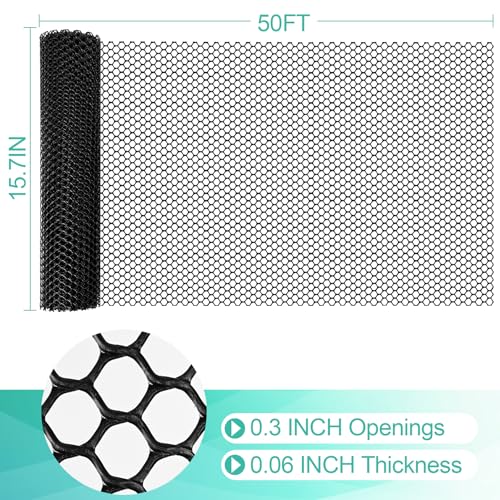 Plastic Mesh Fence Sheet 15.7IN x 50FT - 0.3IN Opening Plastic Chicken Wire Netting Roll Durable for Dogs, Poultry, Puppy, Garden Snake Barrier with 50 Pcs Zip Ties - Black - color: Black, size: 15.7IN x 50FT + 50Ties