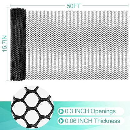 Plastic Mesh Fence Sheet 15.7IN x 50FT - 0.3IN Opening Plastic Chicken Wire Netting Roll Durable for Dogs, Poultry, Puppy, Garden Snake Barrier with 50 Pcs Zip Ties - Black - color: Black, size: 15.7IN x 50FT + 50Ties