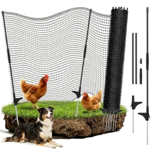 Temporary Fence for Backyard, RIFNY 2.6 x 50 FT Temporary Fencing with Fiberglass Posts Ground Stakes L-Shaped Staples for Outdoor to Protect Plants Fruit Trees from Dogs Chicken Deer Animals - size: 2.6x50 FT
