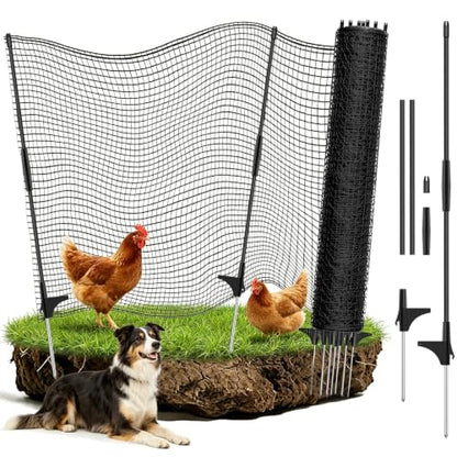 Temporary Fence for Backyard, RIFNY 2.6 x 100 FT Temporary Fencing with Fiberglass Posts Ground Stakes L-Shaped Staples for Outdoor to Protect Plants Fruit Trees from Dogs Chicken Deer Animals - size: 2.6x100FT