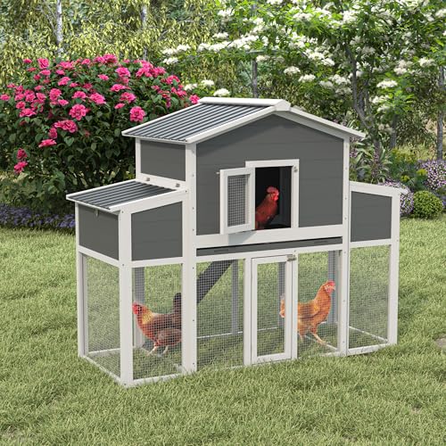 Wooden Chicken Coop for 2-6 Chickens, Outdoor Chicken House with Run & 2 Nest Boxes, Outside Hen House Poultry House Pet Hutch Chicken Cage with Waterproof Roof & Ramp, (66''LX32''WX53''H) - size: 66"L x 32"W x 53"H