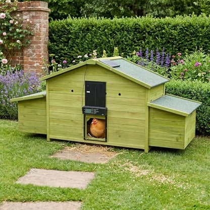 70" Automatic Chicken Coop with Solar-Powered Door & Remote – Smart Outdoor Hen House with Timer & Light Sensor, Solid Wood Poultry Cage with 2 Nesting Boxes, Ventilated Design & Pull-Out Tray