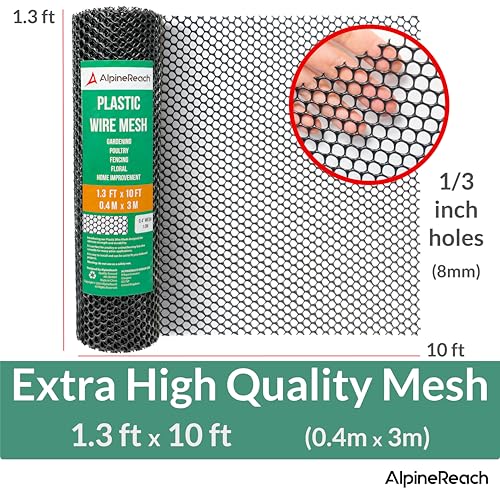 AlpineReach Plastic Wire Mesh 1.3ft x 10ft Fence Roll with Zip Ties - Ideal for Poultry, Dogs, Rabbit Barrier & Gardening, Durable Chicken Mesh, Versatile Rigid Fencing & Netting, Black (15.7" x 120") - size: 1.3ft x 10ft