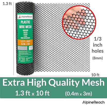 AlpineReach Plastic Wire Mesh 1.3ft x 10ft Fence Roll with Zip Ties - Ideal for Poultry, Dogs, Rabbit Barrier & Gardening, Durable Chicken Mesh, Versatile Rigid Fencing & Netting, Black (15.7" x 120") - size: 1.3ft x 10ft