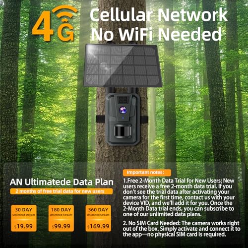 Trail Camera with Night Vision Game Cameras : 4G Cellular Trail Cam with Motion Activated Waterproof - Wildlife Camera with Solar Panel for Outdoor Deer Monitoring and Property Security with 32GB Card