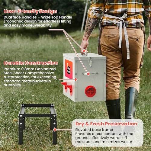 40 lb Metal Chicken Feeder with Adjustable Height Stand - Automatic Gravity Poultry Feeder No Waste - Rat Proof Galvanized Large Chicken Feed Container for Outdoor Chickens Ducks & Geese