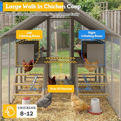 71" H Large Chicken Coop Outdoor Walk in Chicken Run for 8-12 Chickens, Weatherproof Hen House with 8 Nesting Boxes, Ramp, Wooden Poultry Cage for Backyard Yard Farm - color: Walk-in Chicken Coop Grey