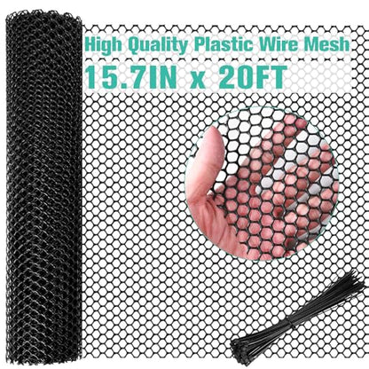 Plastic Mesh Fence Sheet 15.7IN x 20FT - 0.3IN Opening Plastic Chicken Wire Netting Roll Durable for Dogs, Poultry, Puppy, Garden Snake Barrier with 50 Pcs Zip Ties - Black - color: Black, size: 15.7IN x 20FT + 50Ties
