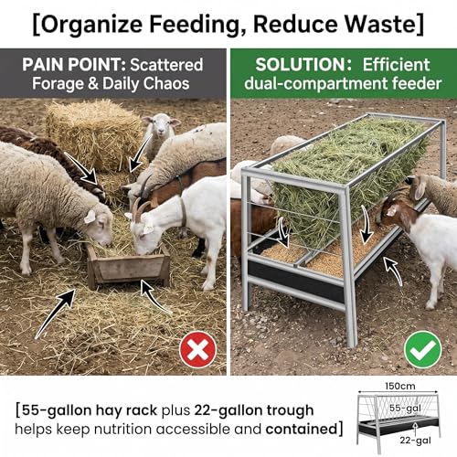 Sheep Trough, 55Gal Hay 22Gal Grain Dual Compartment Livestock Hay Feeder, Stainless Steel Goat Hay Feeder Large Capacity Pasture Grain & Hay Feeder for Goat Sheep Cattle.