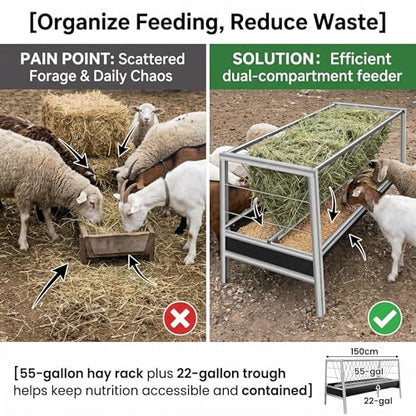 Sheep Trough, 55Gal Hay 22Gal Grain Dual Compartment Livestock Hay Feeder, Stainless Steel Goat Hay Feeder Large Capacity Pasture Grain & Hay Feeder for Goat Sheep Cattle.