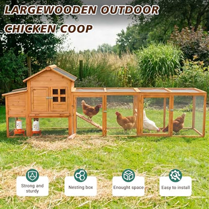 Large Chicken Coop for 4-6 Chickens with Attached Run, Predator Proof Hen House with Waterproof Asphalt Roof & Removable Cleaning Tray