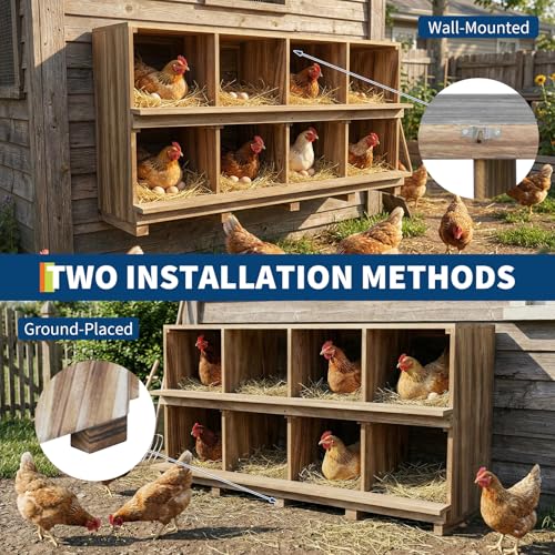 50.2in 8-Compartment Wooden Nesting Boxes for Chickens with Perches - Wall or Floor Mount, Chicken Nesting Box Can Prevents Egg Breakage, Secure Roosting for Chickens, Ducks, Hens and Small Poultry
