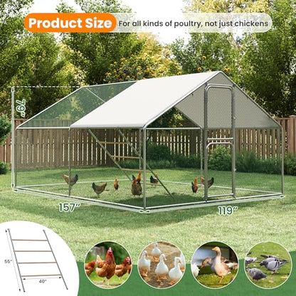 Metal Chicken Coops 13x10 Walk-in Chicken Runs with Chicken Roosting Perch Waterproof Hardware Cloth Cover Poultry Cage with Split Double Door - color: Silver, size: 13'L × 10'W × 6.5'H