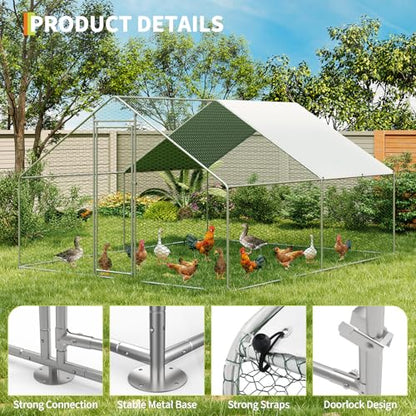 IDEALHOUSE Walk-in Chicken Run Pen, Galvanized Steel Frame, Waterproof and UV-Resistant Cover, Spire Roof, 10 x 6.5 ft Outdoor Poultry Enclosure for Chickens Ducks Rabbits - size: 9.8*6.5*6.6ft