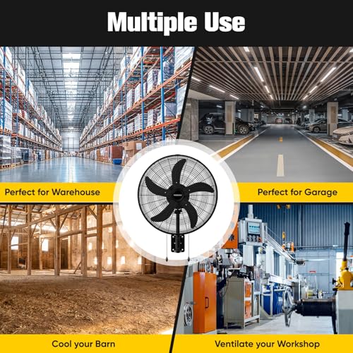 20 Inch Oscillating Wall Mount Fan, High Velocity Commercial Wall Mounted Fan with 3 Speeds, 5000 CFM & 1700 RPM, Heavy Duty Outdoor Wall Fan for Garage, Patio, Warehouse & Workshop, Black - size: 20-Inch