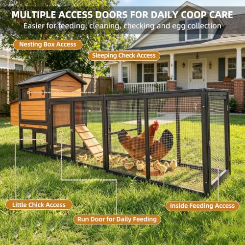 Large Chicken Coop with Run Wooden112.6 Portable Poultry Cage with Hardware Cloth Chicken House for 2-6 Chickens with 2 Nesting Boxes 3 Perches Removable Tray - color: BROWN＆BLACK