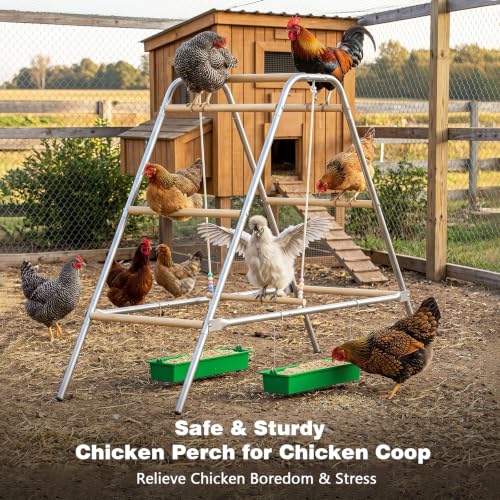 Wooden Chicken Perch with Swing – Large Multi-Level Roosting Bars for 8-12 Chickens, Durable Wood & Rustproof Hardware Outdoor Coop Stand, Easy Assembly Backyard Chicken Accessories