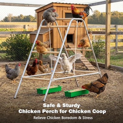 Wooden Chicken Perch with Swing – Large Multi-Level Roosting Bars for 8-12 Chickens, Durable Wood & Rustproof Hardware Outdoor Coop Stand, Easy Assembly Backyard Chicken Accessories