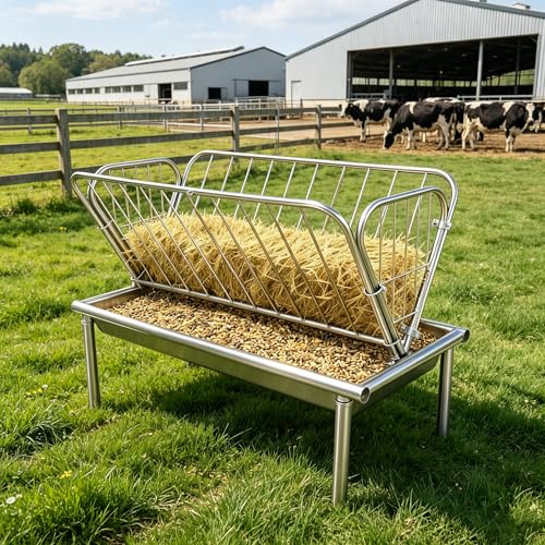 2-in-1 Livestock Hay Feeder, Galvanized Steel Goat and Sheep Feeding Station with 6" Deep Grain Pan, Heavy Duty Outdoor Pasture Hay Rack for Alfalfa and Grains, Reduces Waste
