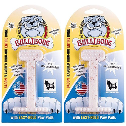 Bullibone Nylon Dog Chew Toy for Aggressive Chewers - Dental Hygiene Bone with Bacon Flavor, Durable Tough Chew Toys for Small Dogs, Indestructible Dog Bone - 2 Pack - size: Small - 2 Pack