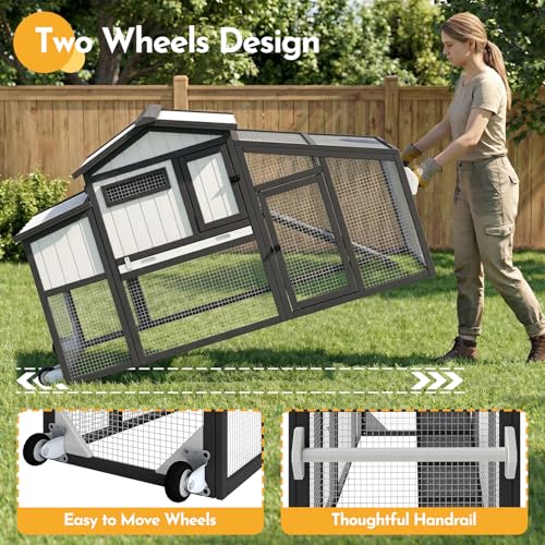 65" Chicken Coop with 2 Wheels and Handle, 2-Story Mobile Wooden Hen House with Nesting Box, Sloped Roof, Removable Tray, Outdoor Poultry Cage for Chickens, Ducks & Rabbits - size: 65.0"L x 26.0"W x 39.0"H