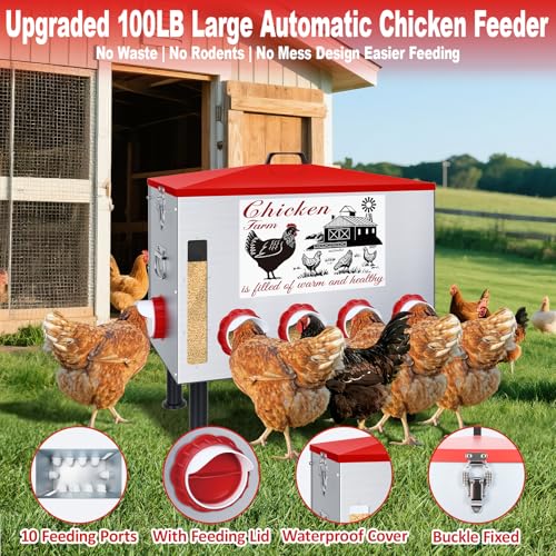 100Lb Automatic Chicken Feeder with Window 8 Port No Waste Rust-Proof Galvanized Steel with Locking Lid & Adjustable Height Legs Waterproof Portable Poultry Feeder for Chickens,Ducks,Geese - size: 100LB