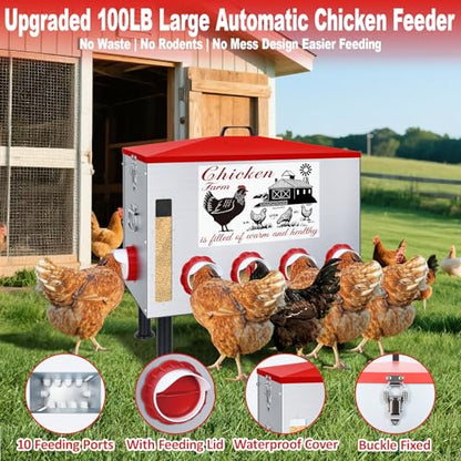 100Lb Automatic Chicken Feeder with Window 8 Port No Waste Rust-Proof Galvanized Steel with Locking Lid & Adjustable Height Legs Waterproof Portable Poultry Feeder for Chickens,Ducks,Geese - size: 100LB