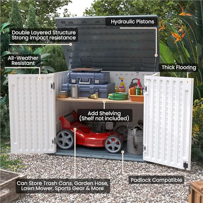 Amopatio Premium Resin Outdoor Storage Shed, 35 Cu Ft, White | Horizontal, Trash Can Storage, Weather Resistance, W/Lock, For Garbage Cans, Garden Tools, Lawn Mowers, Patio